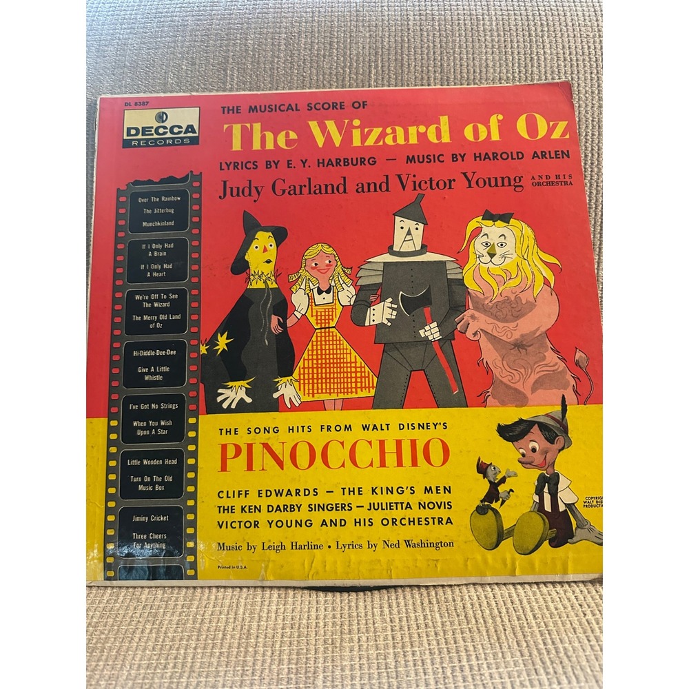 Decca Records Wizard of Oz Pinocchio Vinyl LP Judy Garland Cliff Edwards DL 8387